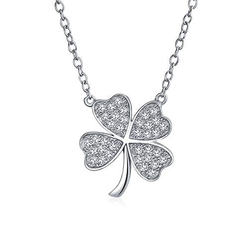 Good Luck Shamrock 4 Leaf Clover Pendant Necklace CZ Gold Sterling Silver Grey