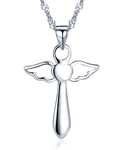 Infinite U 925 Sterling Silver Simple Angel Wings Cross/Crucifix Pendant Women Necklace with 45cm Chain (with Gift Bag)