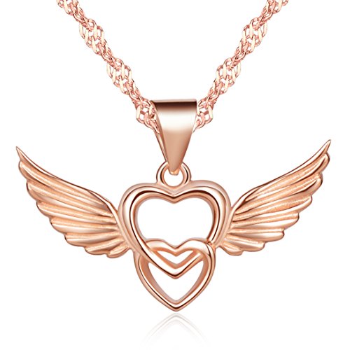 Infinite U 925 Sterling Silver Plated with Rose Gold Double Hearts Angel Wings Pendant Women Necklace
