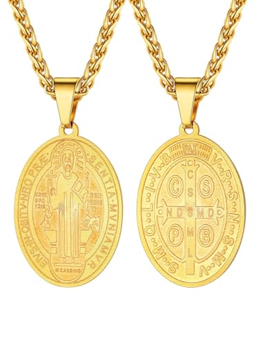 U7 Saint Benedict Medal Necklace for Men Women, Stainless Steel Catholic Pendant, Silver Gold st Crucifix Religious Protection Cross Jewellery for Faith Believers Christians, 22+2 Inches Wheat Chain
