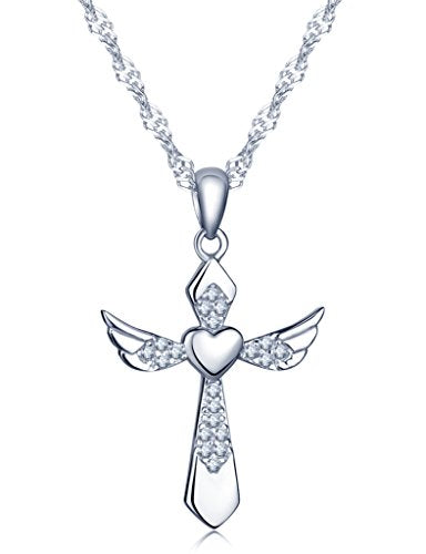 Infinite U Elegant Angel Wings Heart Cross Pendant 925 Sterling Silver Rhodium Plated Cubic Zirconia Necklace for Women/Girls