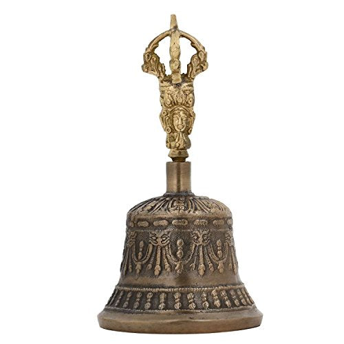 Purpledip Spiritual Buddhist Tibetan Brass Bell with Dorje Handle For Self Healing Meditation Prayer and Yoga, Religious Gift (10680) Medium