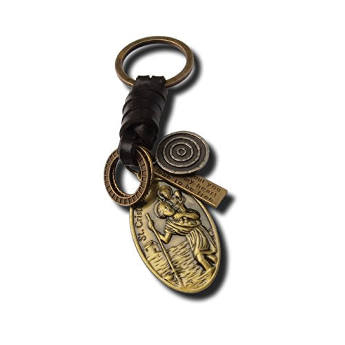 Saint Christopher Keychain Holy Patron of Motorists, Drivers and Travelers Genuine Leather Christian Religious Keyring Spiritual Gift