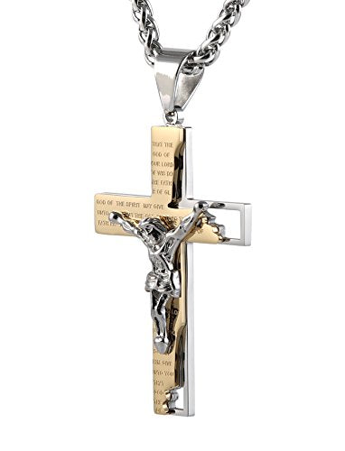 HZMAN Men's Stainless Steel Cross Crucifix Bible Prayer Pendant Necklace Jewelry Gift 22+2" Chain Gold