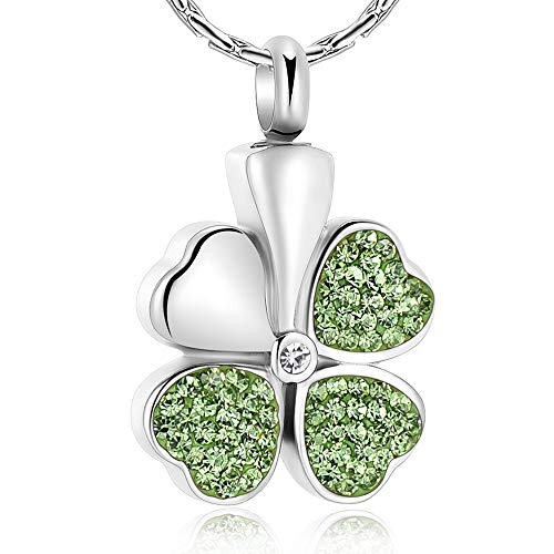 constantlife Cremation Jewelry Memorial Urn Necklace for Ashes Lucky Four-Leaf Clover Design Stainless Steel Pendant Keepsake Green,Silver