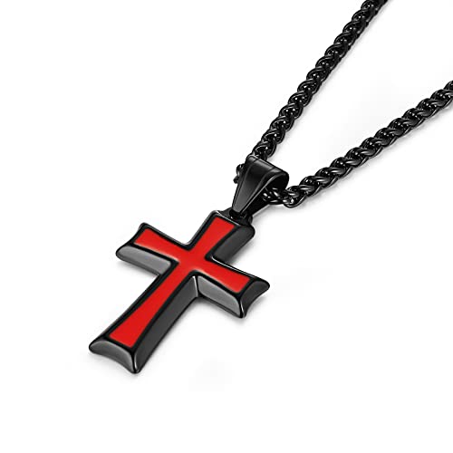 HZMAN Men's Stainless Steel Cross Pendant Necklace Jewelry Gift with Wheat Chain Black Red