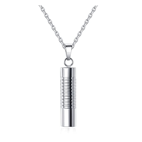 JOVIVI Silver Urn Necklace for Ashes Keepsake Cremation Jewellery Men Women Memorial Stainless Steel Cylinder Bullet Pet Hair Locket Pendant Chain & Filler Kit