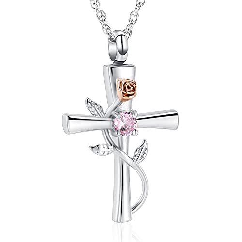 wonderful jewerly Custom Double Cross Cremation Urn Necklace Keepsake Ashes Memorial Pendant with Free Double Buckle Chain (Pink Birthstone) Pink