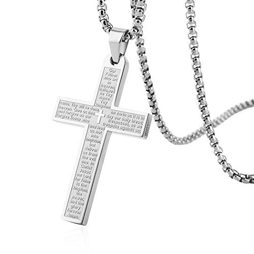 HZMAN Stainless Steel Cross Necklace for Men Women Inspiring Lord's Prayer Cross Pendant Jewelry Gift Silver