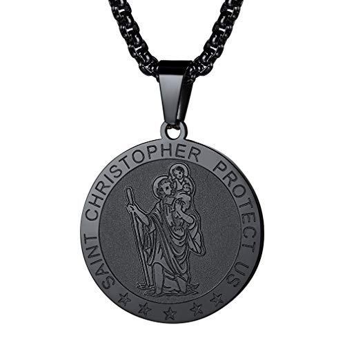 FaithHeart St Christopher Necklace for Men, Personalised Saint Christopher Pendant Catholic Jewellery Stainless Steel/Gold/Black, Patron Saints of Travellers Christening Gifts for Boys Child 02.coin-black