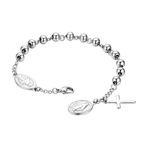 Flongo Cross Rosary Beads Bracelet, Vintage Stainless Steel Jesus Christ Crucifix Cross Bracelet for Men Women Christmas Wedding Silver