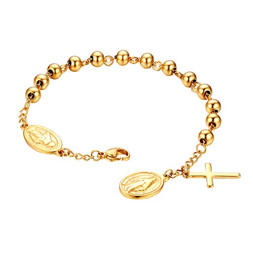 Flongo Cross Rosary Beads Bracelet, Vintage Stainless Steel Jesus Christ Crucifix Cross Bracelet for Men Women Christmas Wedding Gold