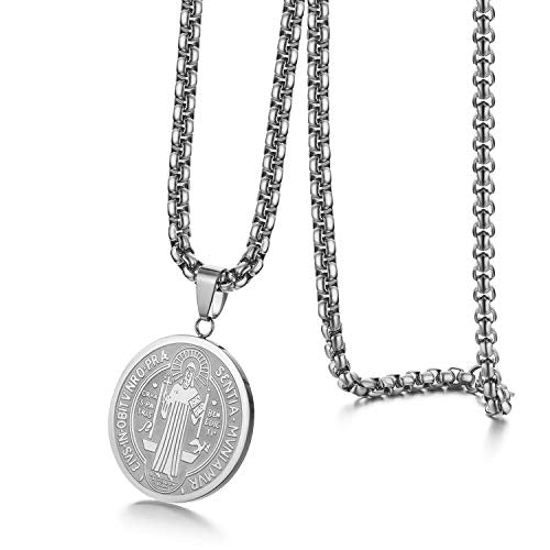 JewelryWe Mens Necklace,Saint Benedict Medal Pendant Celtic Cross Christian Jewelry Stainless Steel Necklace Silver