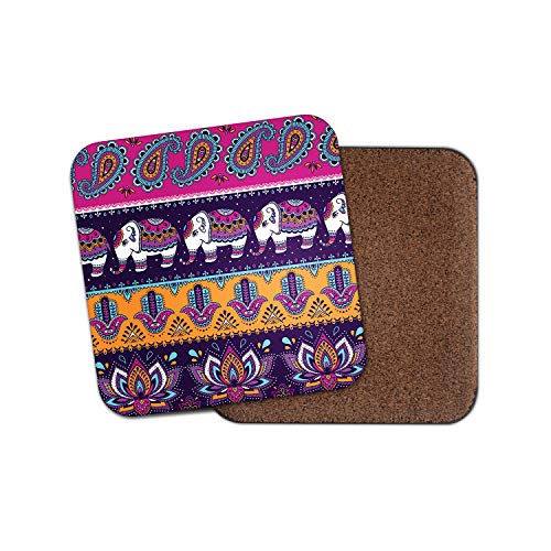 1 x Indian Elephants Coaster - Animals Pattern Hamsa Hand Lotus Flower Spiritual Purple Girls #15445