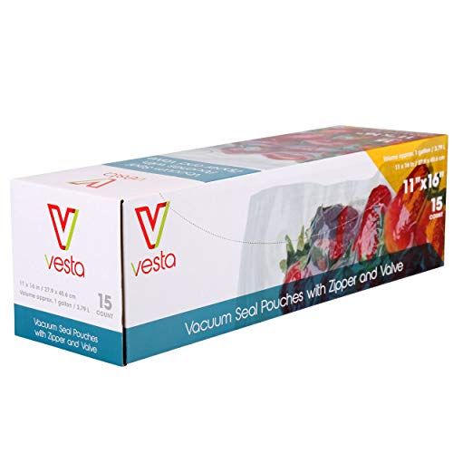 Zipper Vacuum Seal Pouches by Vesta Precision - Clear and Flat Vacuum Sealer Bags with Zipper and Valve - Designed for Handheld Vacuum Sealers - 15 Vacuum Bags per Box (28x40 cm) 11 x 16 inches