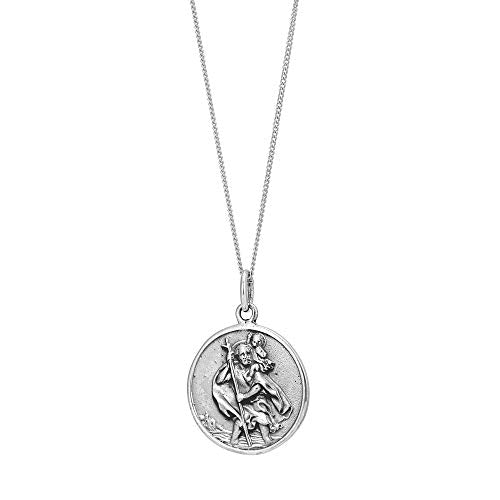 Silverly Sterling Silver Round St Christopher Medallion Necklace for Women and Men - 925 Silver Saint of Travellers Pendant on 18" Curb Chain - Classic Religious Relief Jewellery for Protection