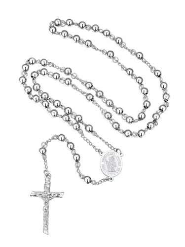 FaithHeart Rosary Beads Catholic Necklace for Women Saint Christopher/Michael/Virgin Mary Pendant Stainless Steel Crucifix Cross Charm Extra Long Chain Christian Amulet (6 Colours) 02.silver-christopher