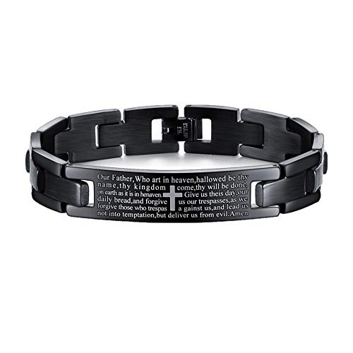 Lords Prayer Cross Bracelet for Men Women English Bible Verse Link Bracelets for Easter Christmas Father's Day Religious Bangle black-4