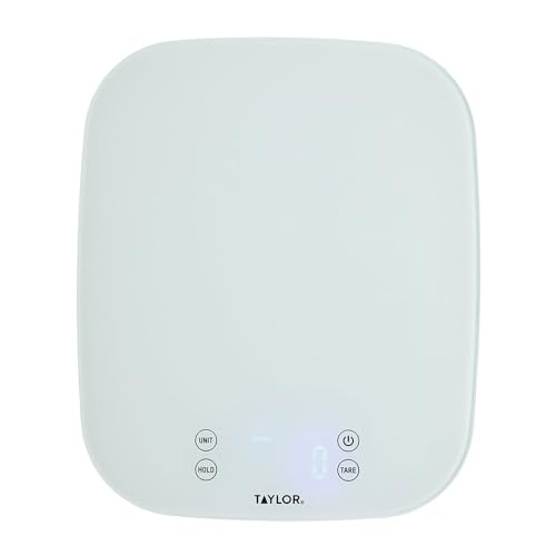 Taylor Pro Digital Kitchen Food Scales, Compact Professional Standard with Precision Accuracy and Waterproof Design with Tare Feature, White Glass, Weighs 14 kg/14 L Capacity Scale