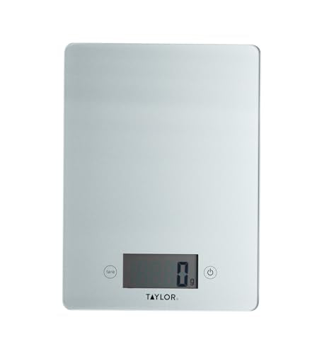 Taylor Pro Digital Glass Kitchen Food Scales, Ultra Thin Compact Design, Professional Standard with Tare Feature, Silver Finish Weighs 5 kg Capacity Silver-Effect