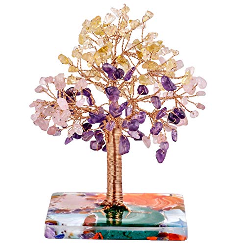 mookaitedecor Natural Crystal Money Tree with Agate Crystals Base #01-yellow+pink+purple