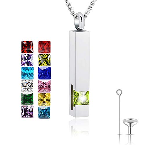 Urn Necklace for Ashes Birthstone Cuboid Cremation Jewelry Keepsake Holder Memorial Locket Necklaces Pendant August
