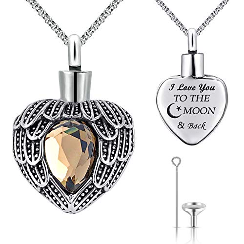 MUERDOU Urn Necklaces for Ashes Angel Wing Birthstone Charm Heart Cremation Jewelry Keepsake Holder Memorial Necklace Pendant November