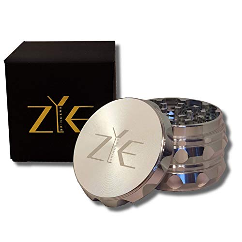 ZYE Herb Grinder – Quality Aluminium w/Ultra Sharp Teeth – Large 2.5" 4 Piece w/Twist & Lock Storage Layer – No Flaking and Non-Stick - Silver