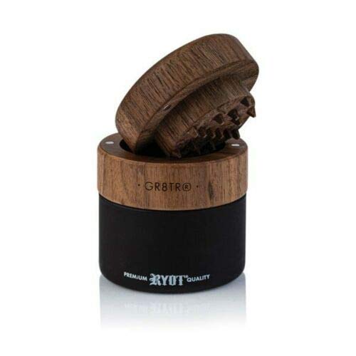 RYOT Wood GR8TR Herb Grinder with Clear or Matte Black Jar Body and Beech or Walnut Top (Walnut Top/Black Jar) Walnut Top/Black Jar