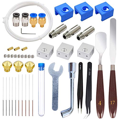 DollaTek 34 Pcs 3D Printer Accessories Kit, 3 Nozzle + 3 Heater Block + 3 Throat Tube + 3 MK10 Silicone Socks + 10 Cleaning needle + Other Parts for MK10 3D Printer 1.75mm Filament Extruder