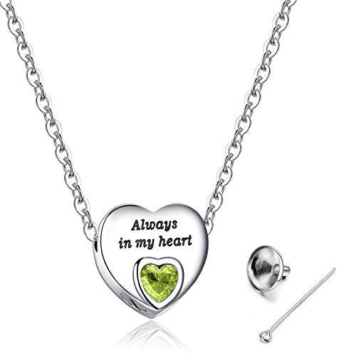 Always in My Heart Urn Necklace for Ashes Birthstone Cremation Jewelry Keepsake Holder Memorial Locket Necklace Pendant August