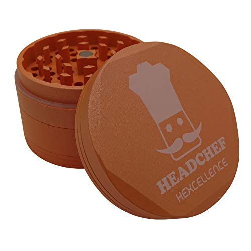 Headchef Hardcore Hexellence Ceramic Non-Stick Coated Metal Herb Grinder, 4 Piece, 62mm (Orange)