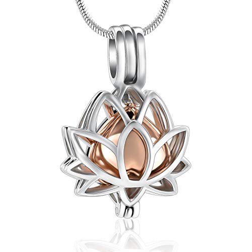 Minicremation Cremation Jewelry for Ashes Lotus Flower Hollow Heart Urn Necklace Ash Locket, Keepsake Pendant Necklace for Women Silver-Rosegold