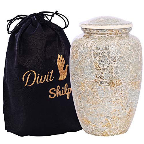 Cremation Urn for Human Ashes with Velvet Bag, for Adults up to 100 kgs, Funeral Urns by Divit Shilp (White Mosaic, Adult) White Mosaic
