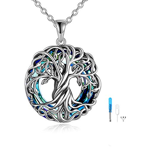TOUPOP Ashes Jewellery Urn Necklace for Ashes s925 Sterling Silver Tree of Life Urn Necklace Keepsake Ashes Memorial Locket with Circle Crystal Cremation Jewellery with Funnel Filler A-blue crystal