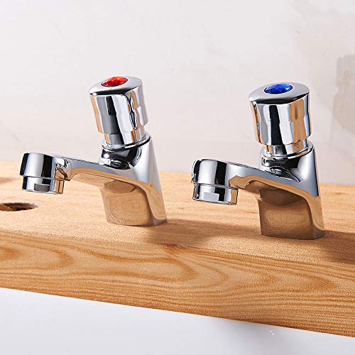 Bathroom Basin Taps Pair, 1/2" Chrome Self Closing Push Button Basin Tap Set, Non-Concussive Time Delay Water Saving Sink Faucets for Home, Hotel, Commercial Public Toilet
