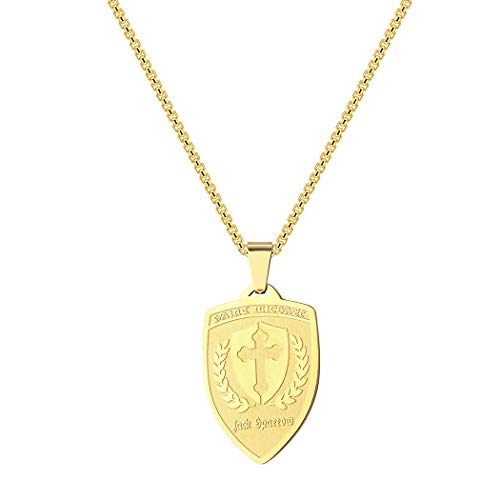 Saint Shield Archangel Pendant Necklace for Men Women 316L Stainless Steel Michael Medallion Charm Choker Clavicle Dainty Jewelry