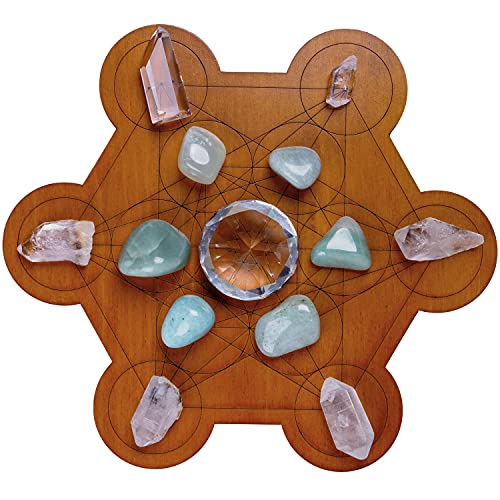 Crystal Grid Board - Metatron's Cube Sacred Geometry Amplify The Power of Your Crystals 10 inches Diameter Wooden Plate Witchcraft, Wiccan Altar, Ritual, Space Decor, Brown, 10Wx10Lx0.3H 25.4cm Metatron's Cube