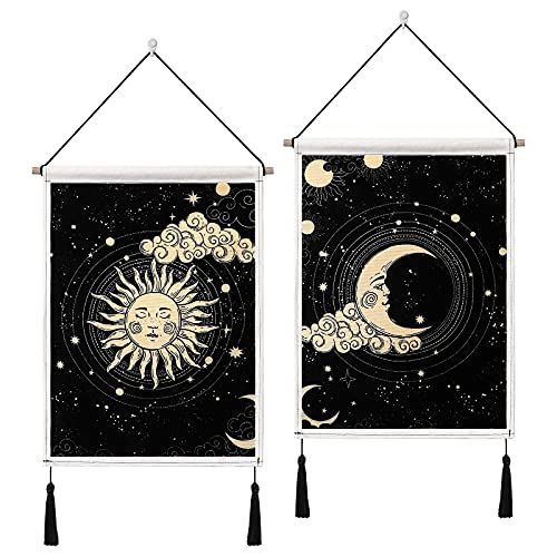 Betylifoy Moon and Sun Wall Tapestry with Tassels 2 Pack Banner Tapestry blackone