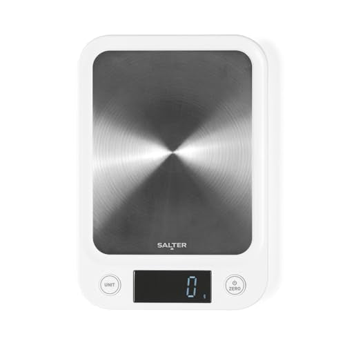 Salter 1105 SSWHDR Stainless Steel Electronic Scale - 5 KG Capacity, Large Platform Digital, Slim Design, Easy to Clean, Backlit Display, Tare Function, Accurate Readings, Batteries Included, White White Stainless Steel Kitchen Scale Single