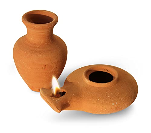 Biblical Herodian Clay Oil Lamp with Jar - Authentic Terracotta Replica from Holy Land Archaeological Finds - Handmade Christian & Jewish Faith Artifact Herodian - Biblical Brown With Jar