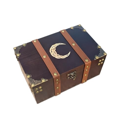 Crescent Moon Engraved Wooden Storage Box with Velvet Lining – Celtic Altar & Keepsake Chest for Crystals, Tarot & Witchcraft Supplies
