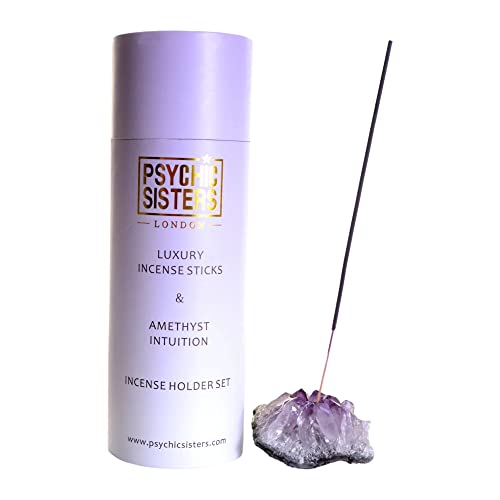 Psychic Sisters Amethyst Incense & Holder Set - 7 Spirits, 14 Incense Sticks - Blessed, Reiki Energised, 30 Min Burn Time, Purple
