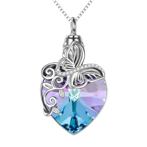 TOUPOP Ashes Jewellery s925 Sterling Silver Butterfly/Tree of Life Urn Necklace for Ashes Cremation Jewelry with Crystal Memory Locket Gifts for Women, with Funnel Filler Butterfly-Purple