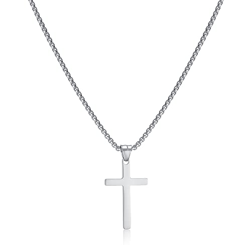Men's Cross Necklace, Gold/Silver/Black Chain with Cross Pendant, Christianity Jewellery, Stainless Steel Small-silver 50 Centimetres