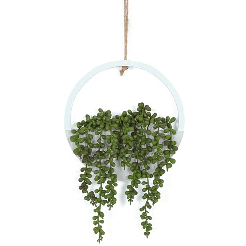 Hanging Plant Artificial Succulents Fake String of Pearls Plants 12.2'' in Wooden Pot for Indoor Outdoor Wall Decor (1PCS) Green-1pcs
