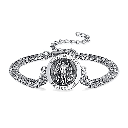 KINGWHYTE St Michael/St Christopher/Compass/Viking Bracelet 925 Sterling Silver Adjustable Medal Bracelets Religious Protection Jewellery Birthday Gifts for Men Women 1-Saint Michael