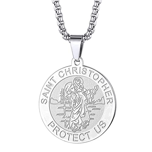 St Christopher Necklace Saint Michael George Barbara Pendant Women Men The Seal of The Seven Archangels Charm Chain Religious Medal Medallion Disc Jewelry Christian Gift St Christopher-055S