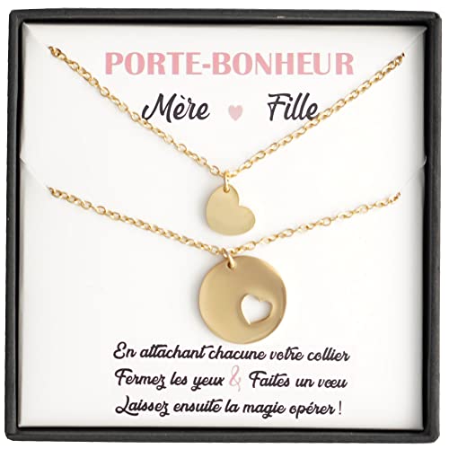 TILOVE Set of 2 necklaces for women with heart pendant mother daughter 2 personalised jewellery in a box with good luck message. Gift idea for birthdays, Christmas, Mother's Day, Stainless Steel