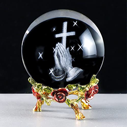 Ornalrist Crystal Ball 3D Praying Cross Figurine Religious Gifts for Women Praying Hands With Cross